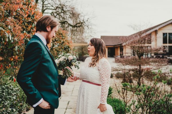 bride takes a deep breath when she sees the groom in the garden, styal lodge wedding photography, styal lodge wedding photographer, manchester wedding photographer, manchester wedding photography, cheshire wedding photographer, cheshire wedding photography